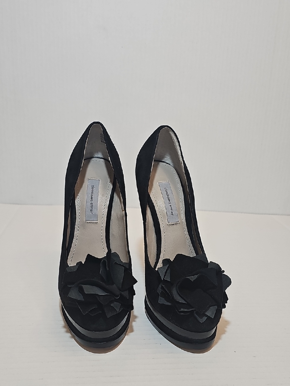 Classiques Entier Black Suede Floral Peep-Toe Platform Pumps
